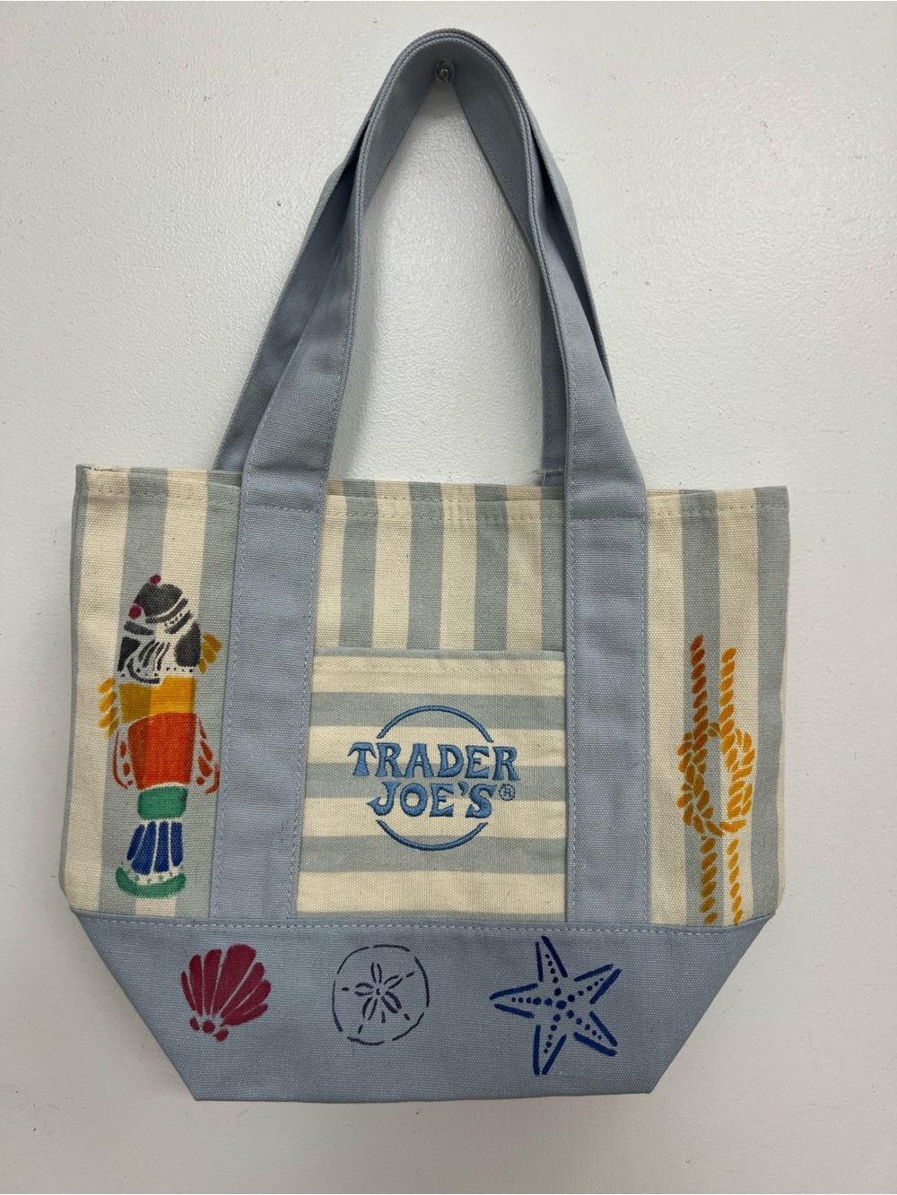 Trader Joe's Coastal Stripe Canvas Tote in Light Blue hand stencil